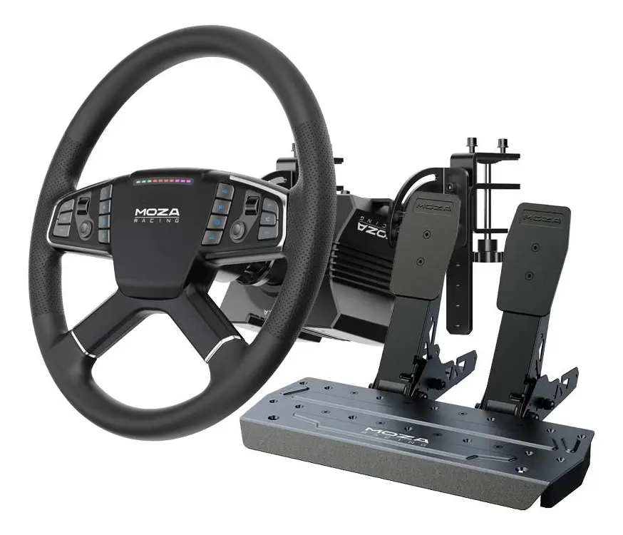 MOZA R5 TRUCKING BUNDLE VOLANTE + BASE DIRECT DRIVE + PEDALES + CLAMP