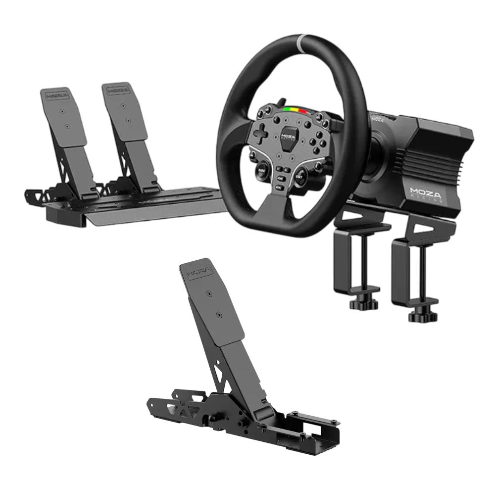 MOZA R5 BUNDLE VOLANTE + BASE DIRECT DRIVE + PEDALES CON EMBRAGUE + CLAMP